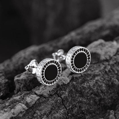 Viking Rune Black Onyx Stud Earrings in Sterling Silver for