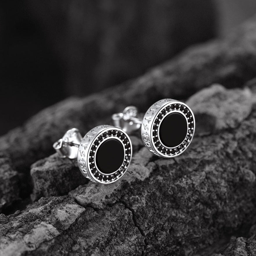 Viking Rune Black Onyx Stud Earrings in Sterling Silver for