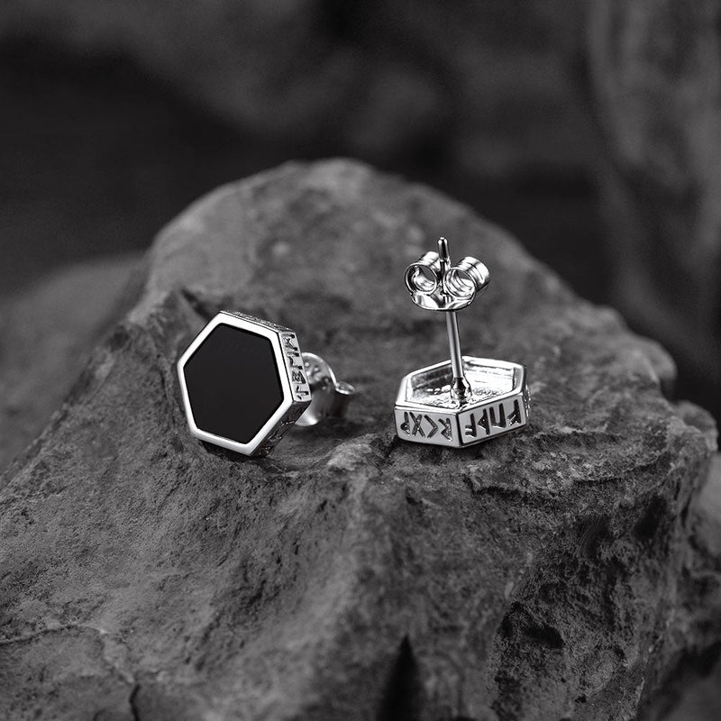 Hexagon Viking Rune Black Onyx Stud Earrings for