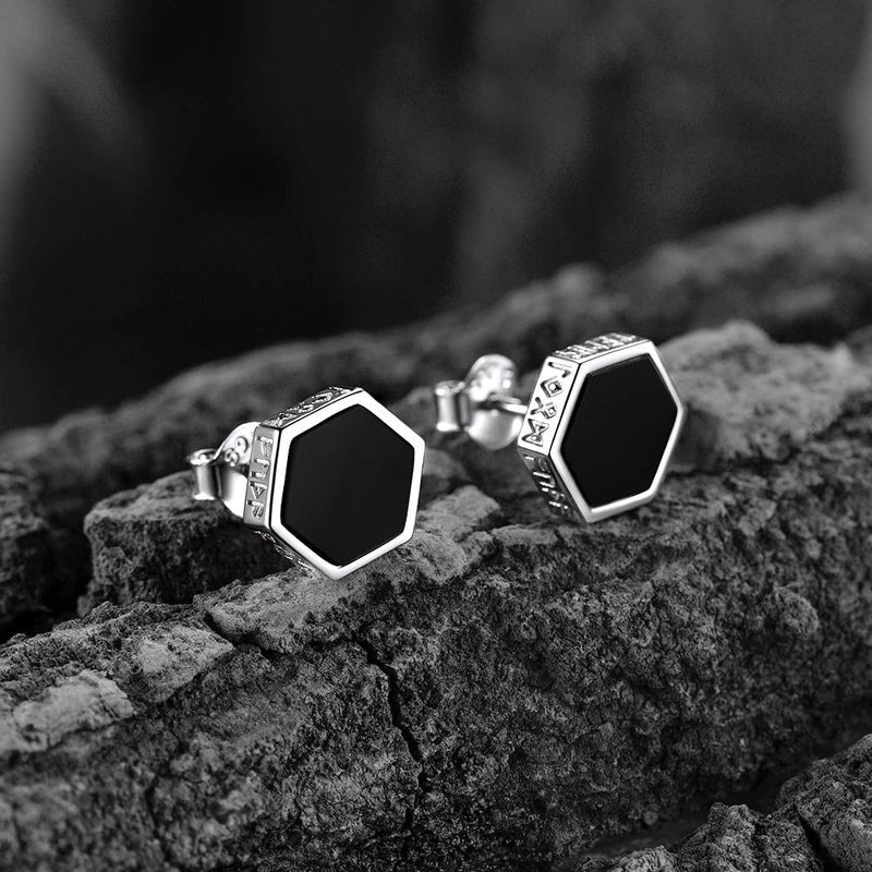 Hexagon Viking Rune Black Onyx Stud Earrings for