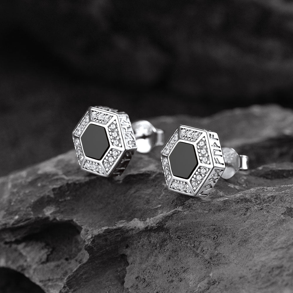 Viking Rune Hexagon Black Onyx Stud Earrings for