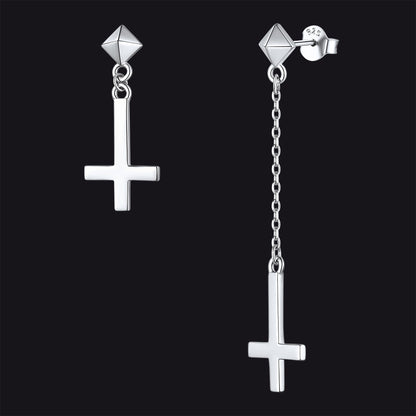 Sterling Silver Inverted Cross Dangling Stud Earrings for