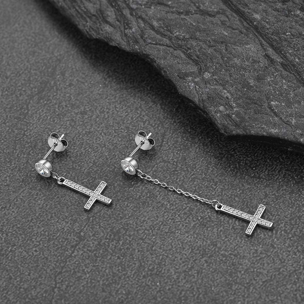 Sterling Silver Upside Down Cross Earrings With Diamond for