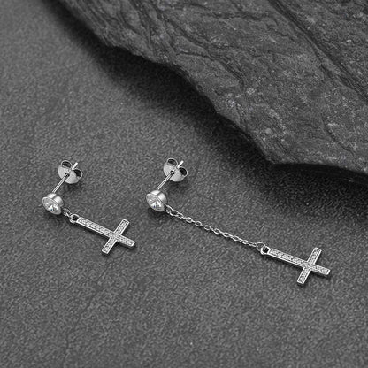 Sterling Silver Upside Down Cross Earrings With Diamond for