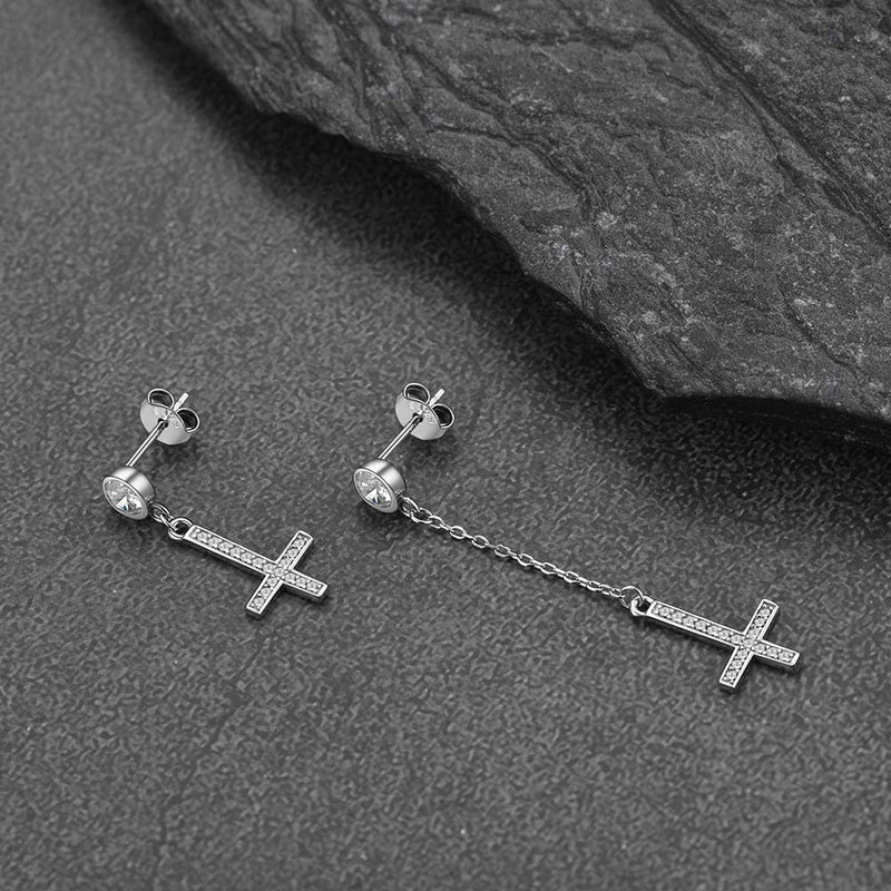 Sterling Silver Upside Down Cross Earrings With Diamond for