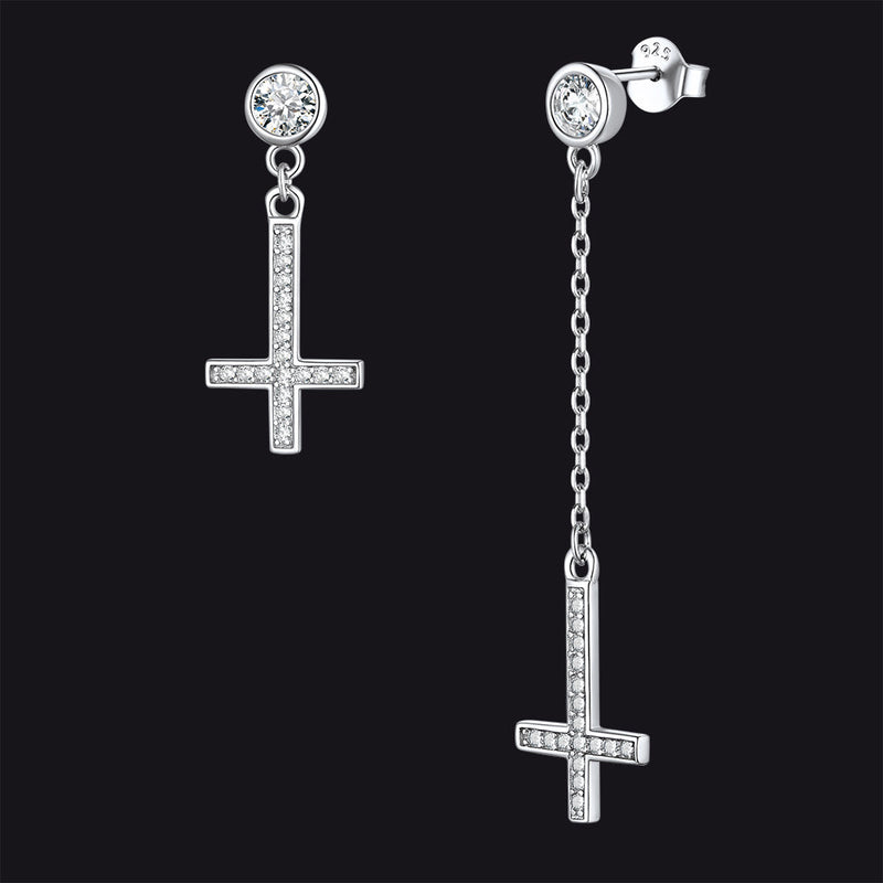 Sterling Silver Upside Down Cross Earrings With Diamond for
