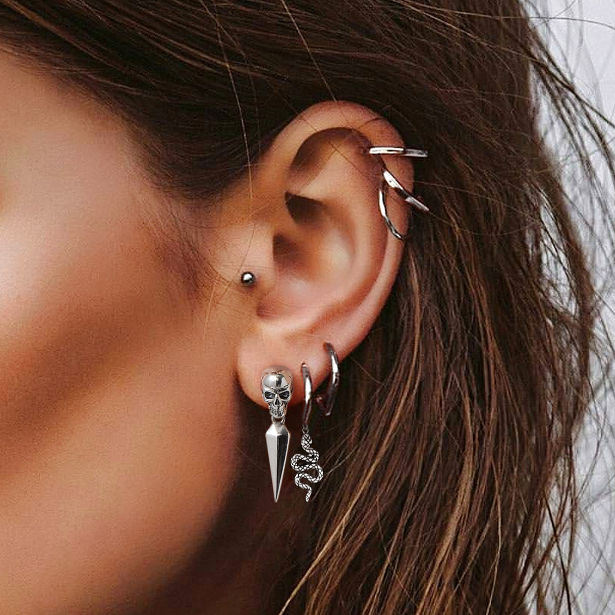 Sterling Silver Snake Dangle Hoop Earrings for