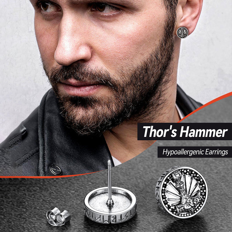Viking Thor's Hammer Stud Earrings With Runes in Sterling Silver