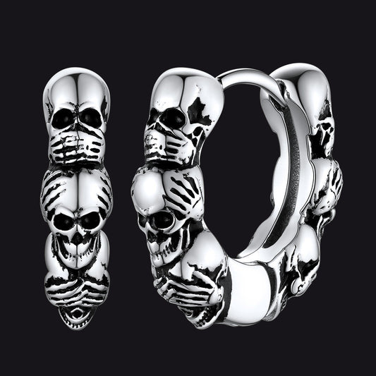 Sterling Silver Skulls Hoop Huugie Earrings for