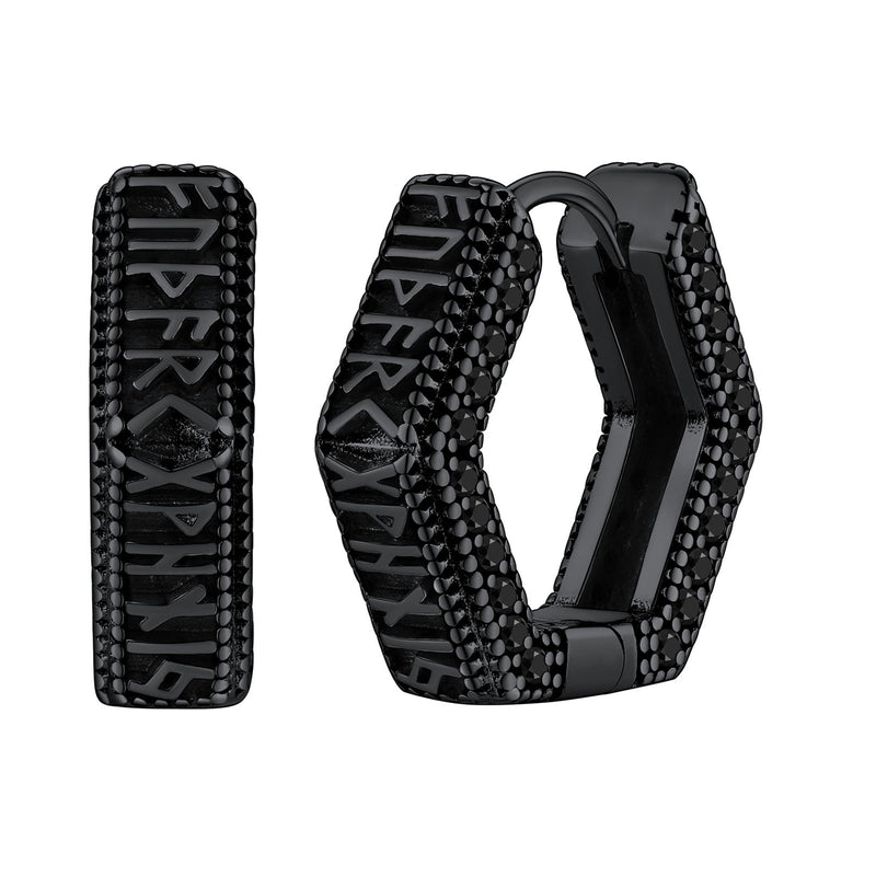 Viking Runes Hexagon Huggie Hoop Earrings for