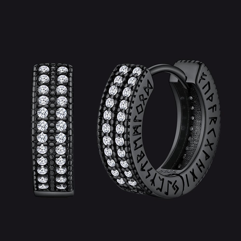 Sterling Silver Diamond Hoop Earrings With Viking Runes for