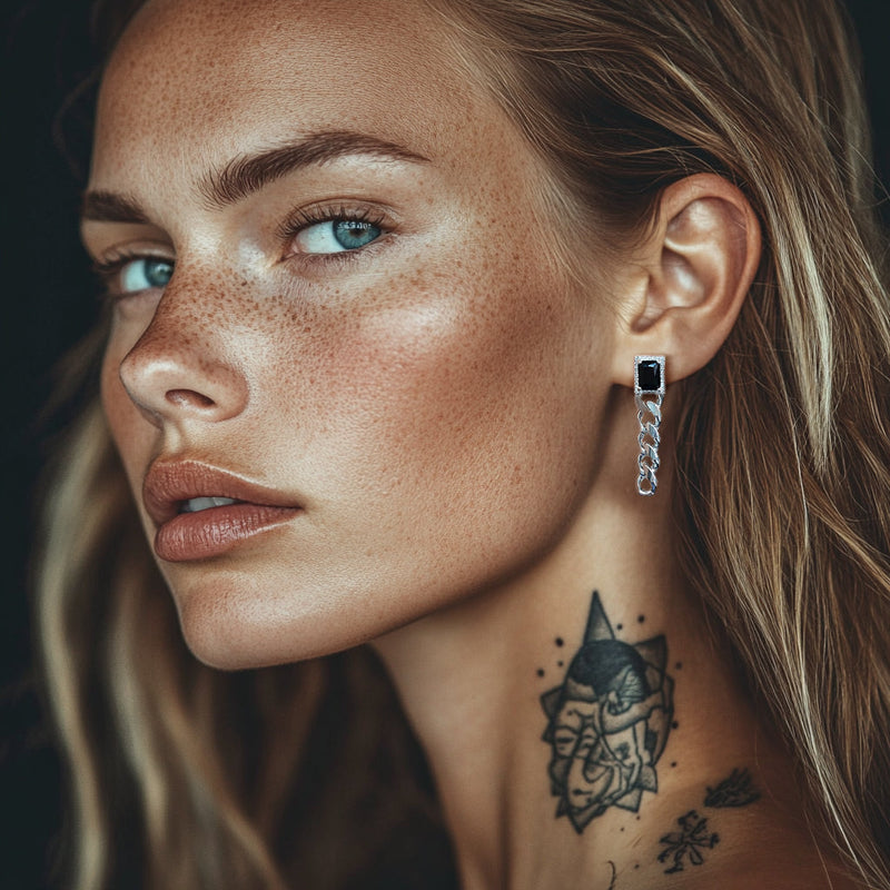 Black Cubic Zirconia Chain Drop Earrings With Gem for