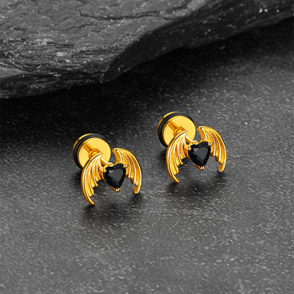 Black Cz Heart Devil Wings Stud Earrings in Stainless Steel