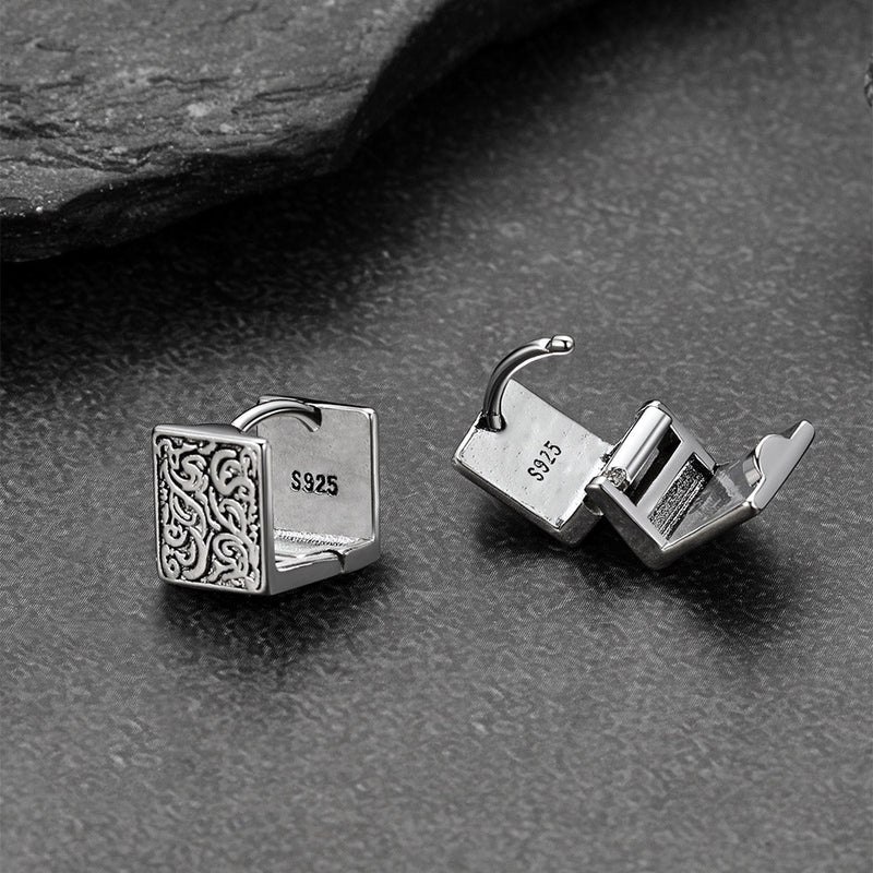 S925 Silver Tangcao Flower Square Earrings Antique for
