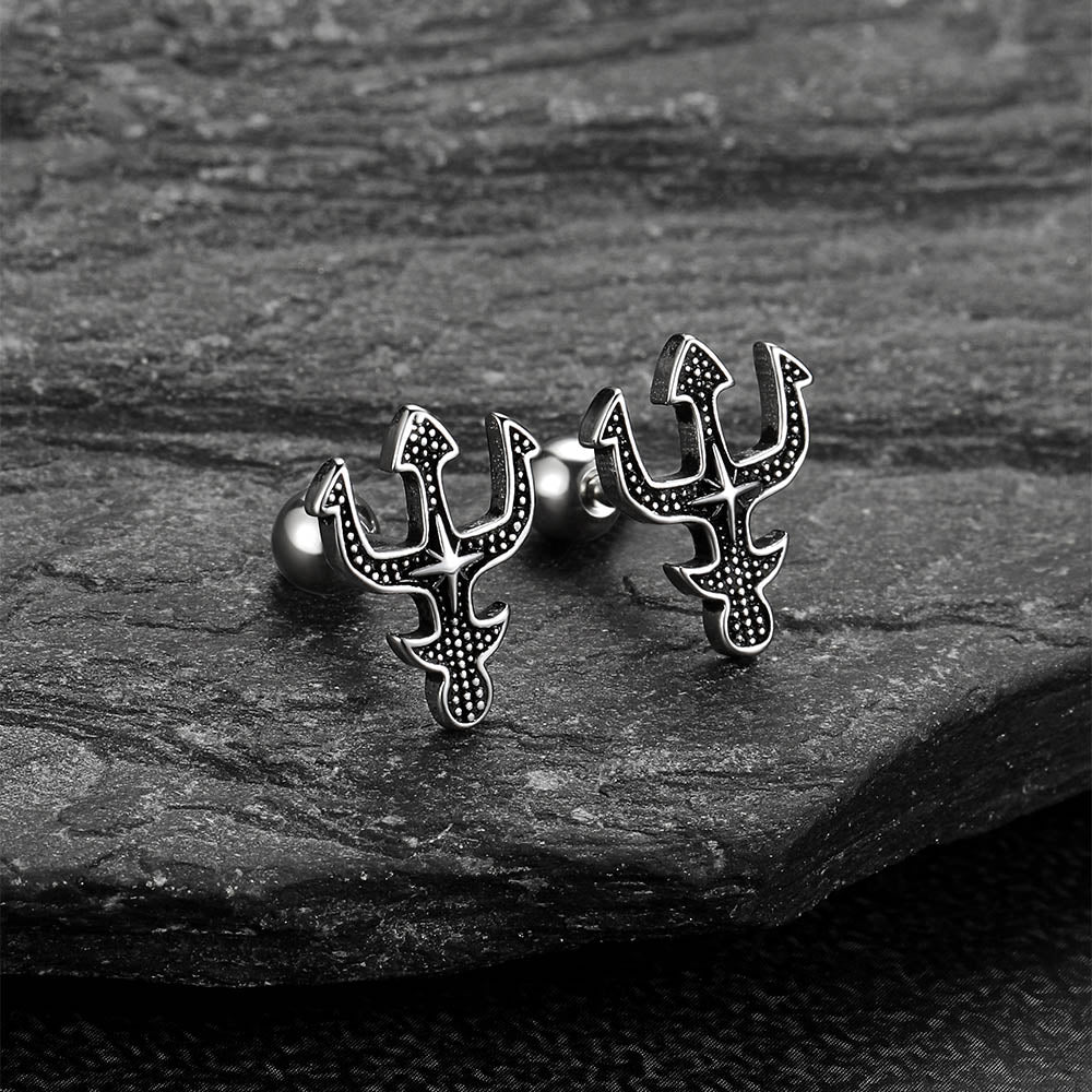 Greek Poseidon Trident Cross Stud Earrings for