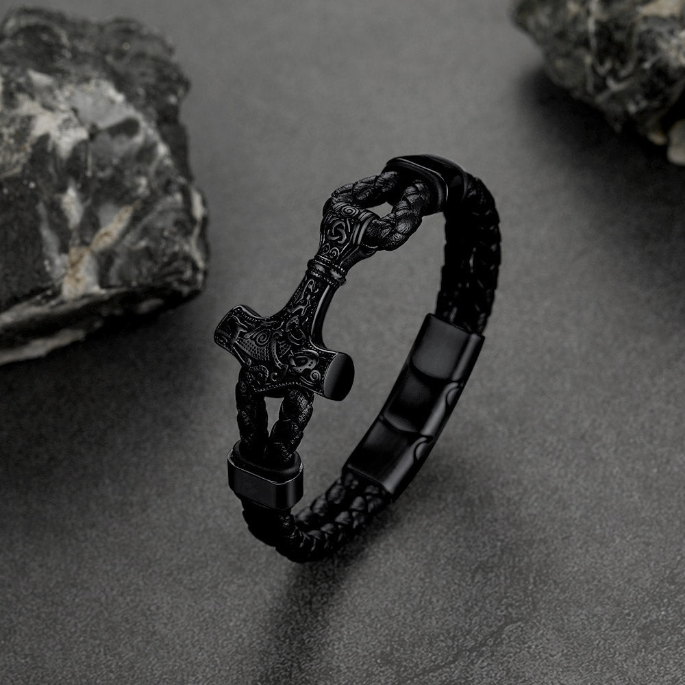 Viking Thor's Hammer Mjolnir Braided Leather Bracelet Gift for