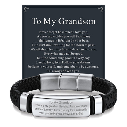 Custom Braided Black Engraved Leather Bracelet Cuff for