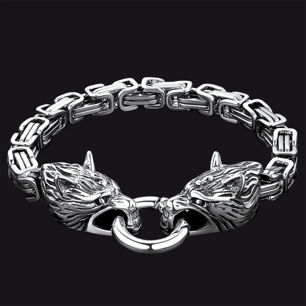 Viking Wolf Head Chain Bracelet Cuff Bangle Gift for