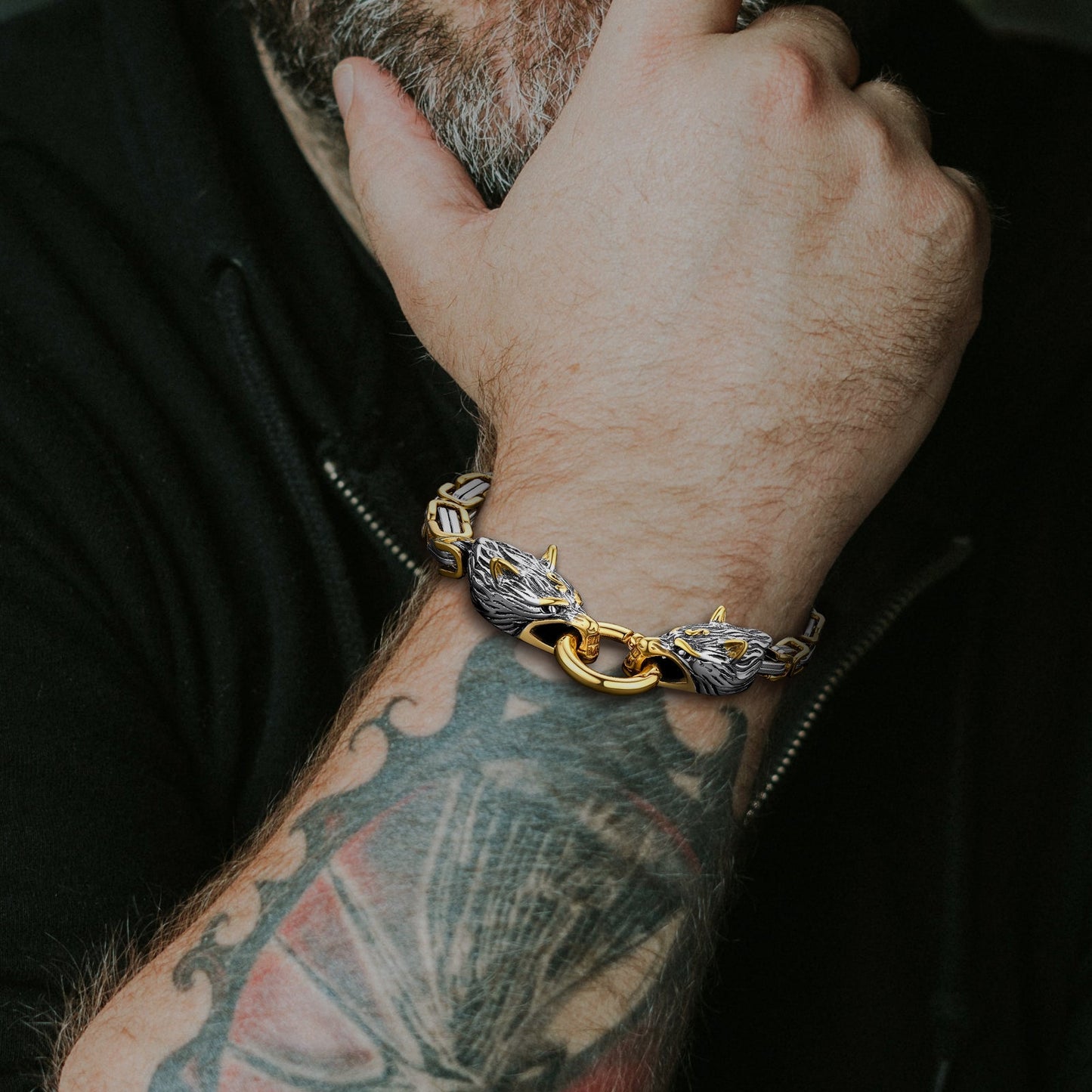 Viking Wolf Head Chain Bracelet Cuff Bangle Gift for