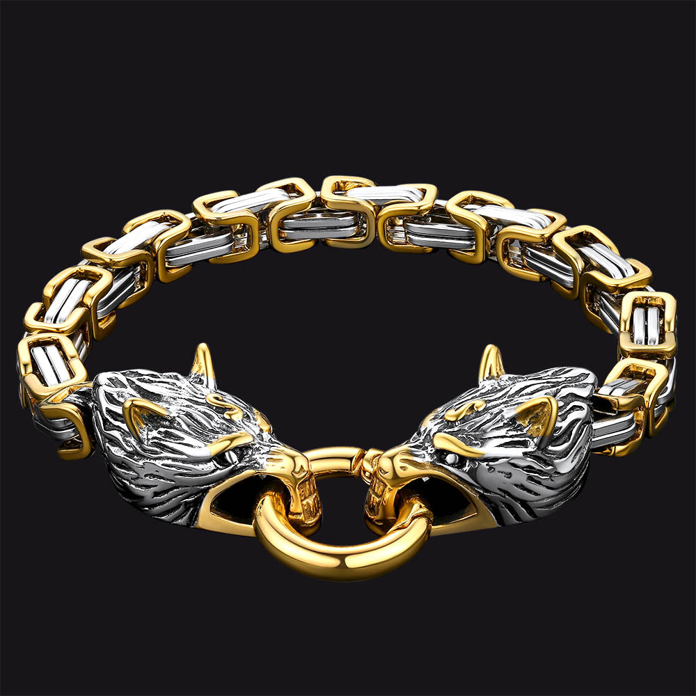 Viking Wolf Head Chain Bracelet Cuff Bangle Gift for