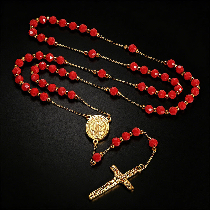Catholic Saint Benedict Rosary Bead Necklace With Cross for