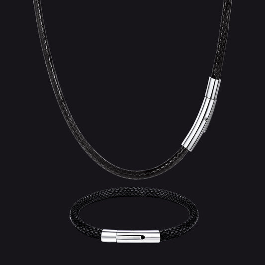 3mm Braided Leather Cord Chain Rope Necklace & Bracelet Set for