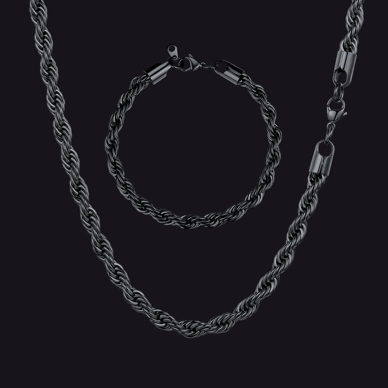 6mm Twisted Rope Link Chain & Rope Bracelet Bundle Set for