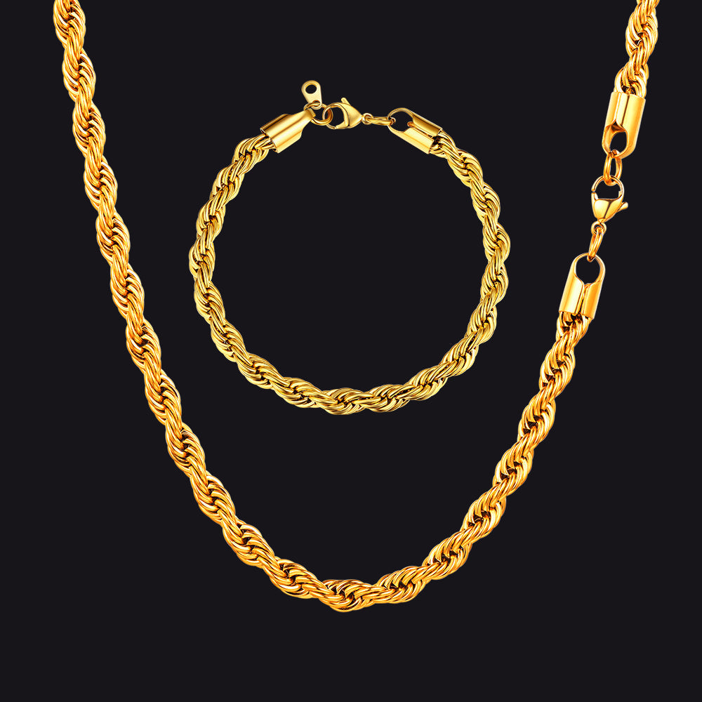 6mm Twisted Rope Link Chain & Rope Bracelet Bundle Set for