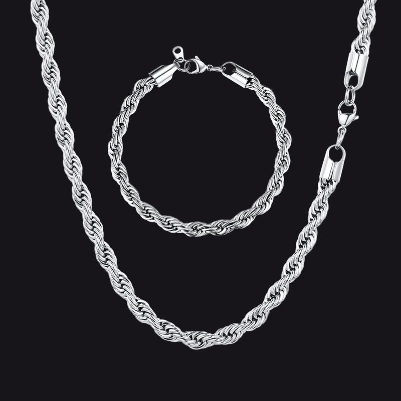 6mm Twisted Rope Link Chain & Rope Bracelet Bundle Set for