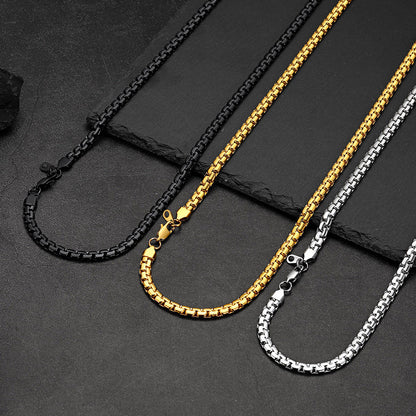 Flat Box Link Chain & Black Enamel Cross Layered Necklaces Set for