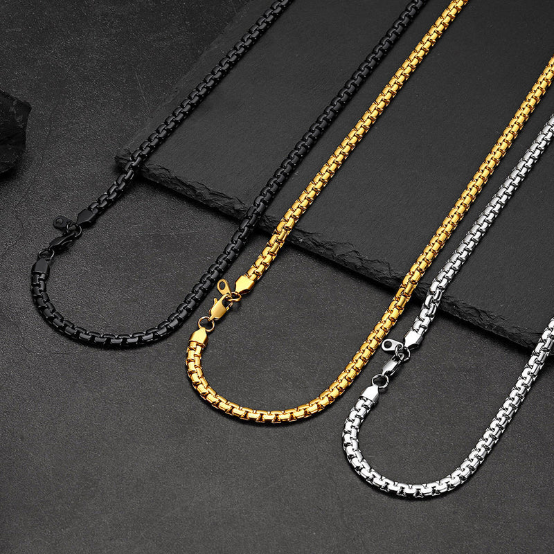 Flat Box Link Chain & Black Enamel Cross Layered Necklaces Set for