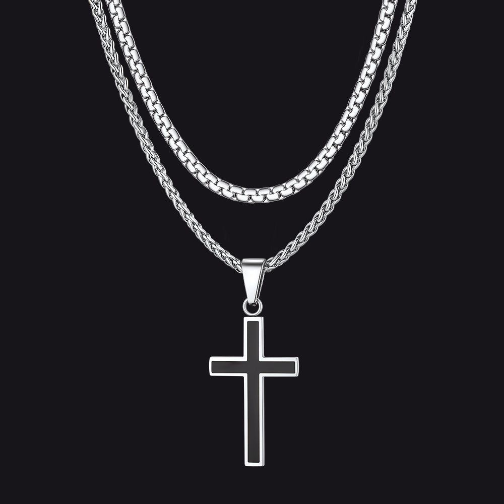 Flat Box Link Chain & Black Enamel Cross Layered Necklaces Set for