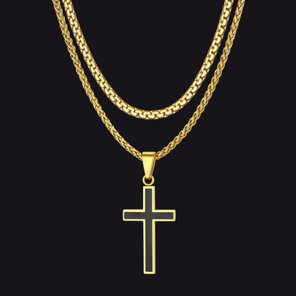Flat Box Link Chain & Black Enamel Cross Layered Necklaces Set for