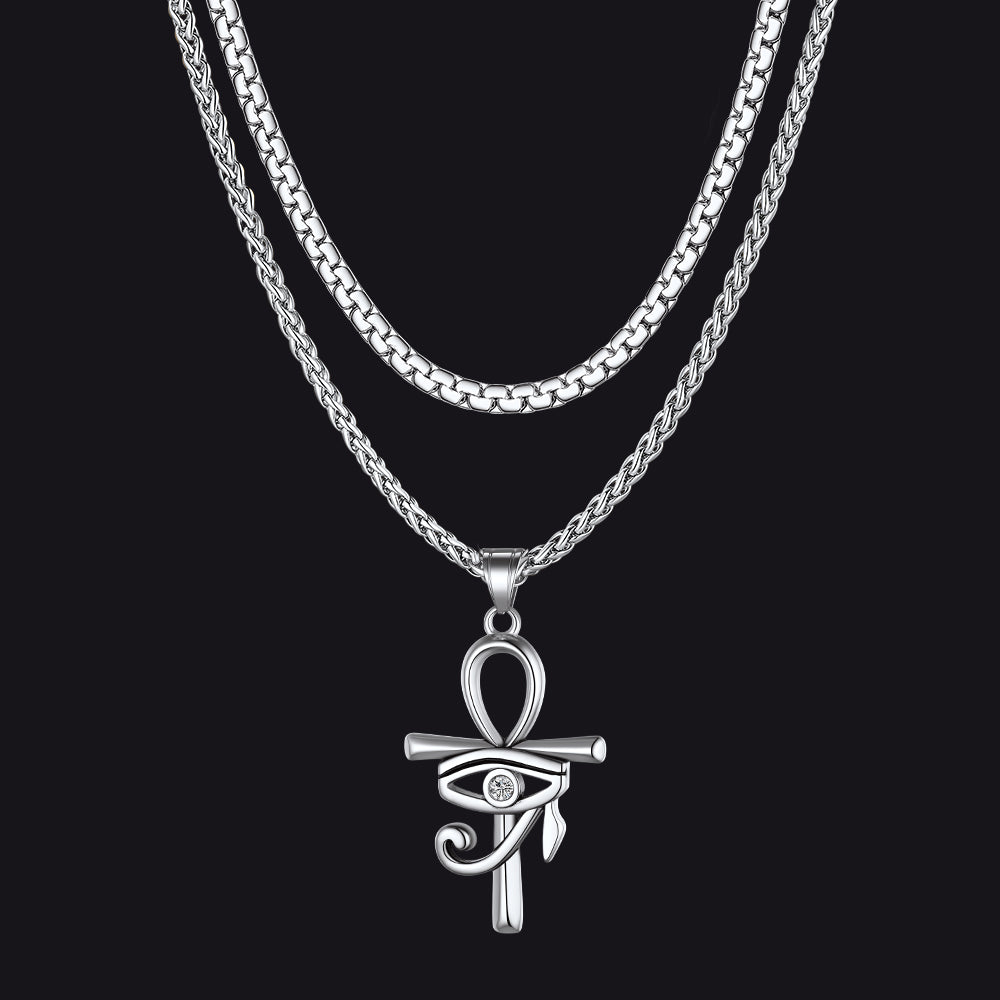 Flat Box Chain & Ankh Cross Layered Necklaces Set for