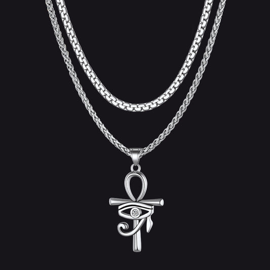 Flat Box Chain & Ankh Cross Layered Necklaces Set for