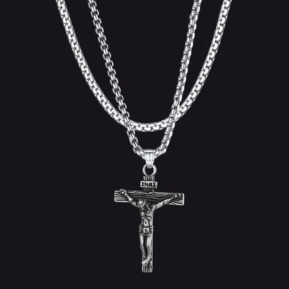 Flat Box Chain & Jesus Cross Layered Necklaces Set for