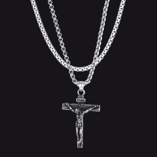 Flat Box Chain & Jesus Cross Layered Necklaces Set for