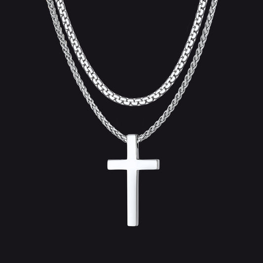 Flat Box Chain & Engraved Cross Layered Necklaces Set for