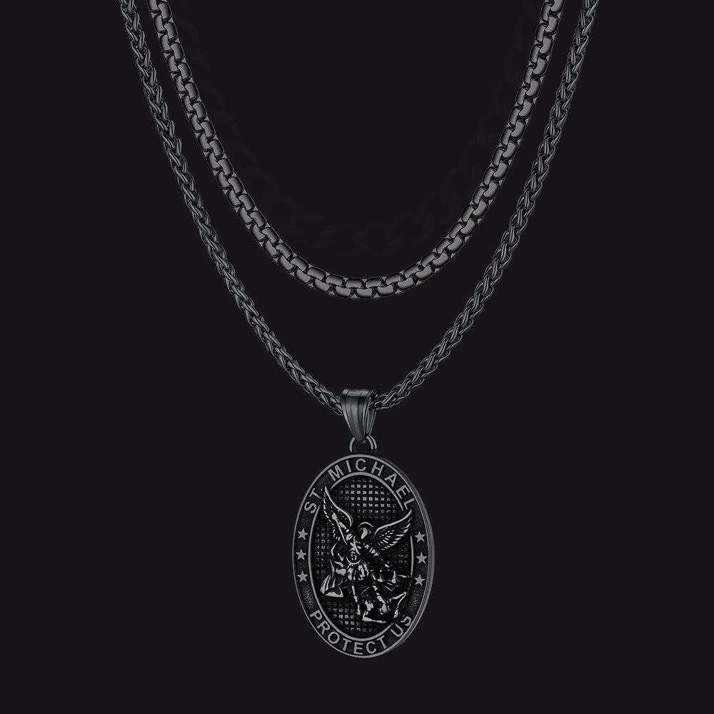 Flat Box Chain & St. Michael Layered Necklaces Set for