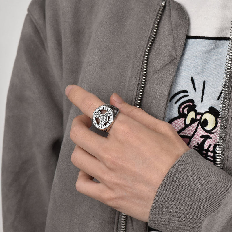 Viking Thor's Hammer Ring With Runes for