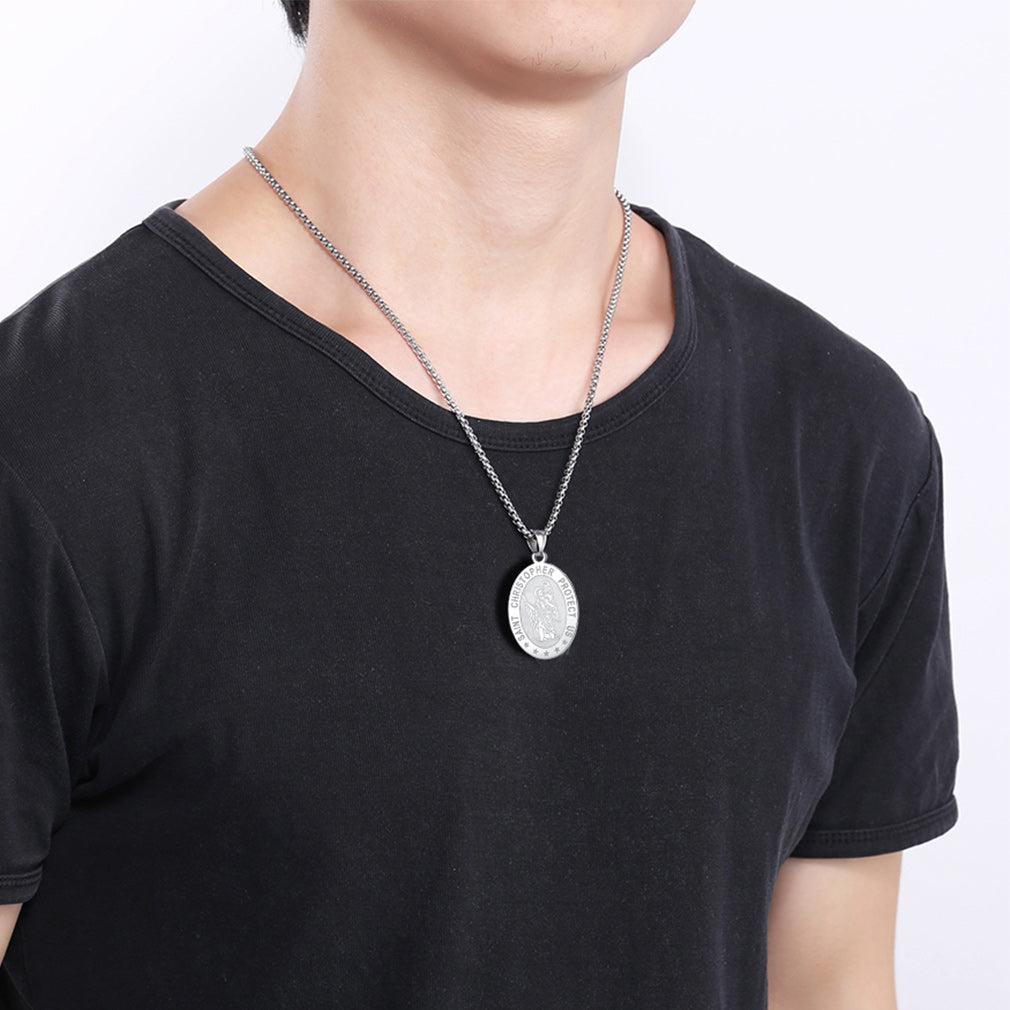 Oval Christian Saint Christopher Protection Medal Necklace for
