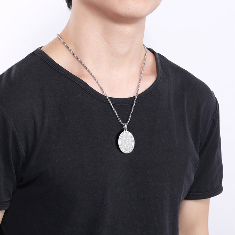 Oval Christian Saint Christopher Protection Medal Necklace for