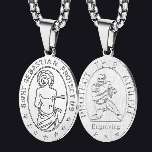 Saint Sebastian Football Necklace Medal for Protection in Stainless Steel