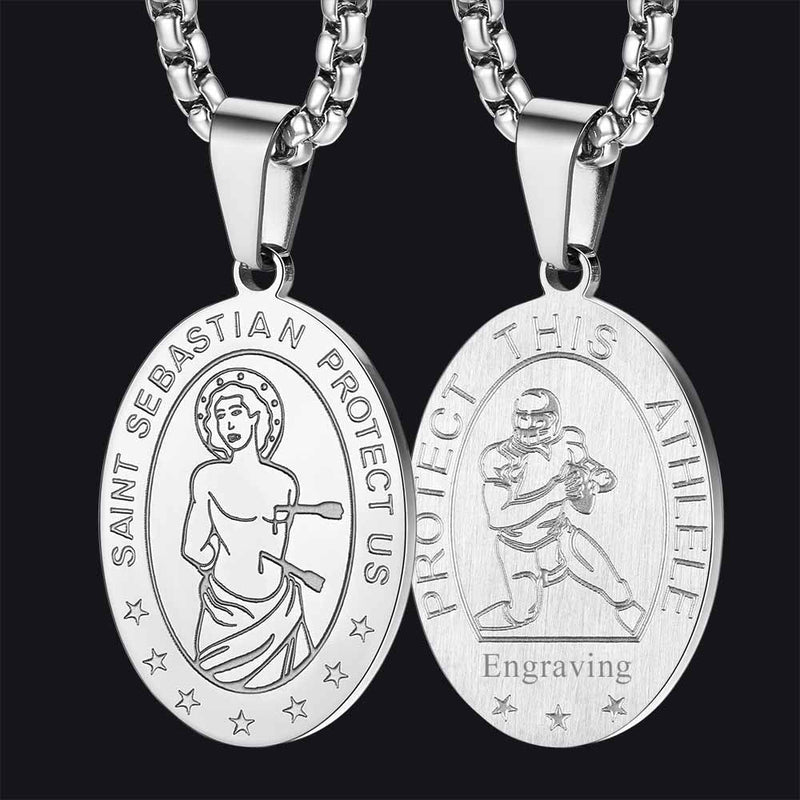 Saint Sebastian Football Necklace Medal for Protection in Stainless Steel