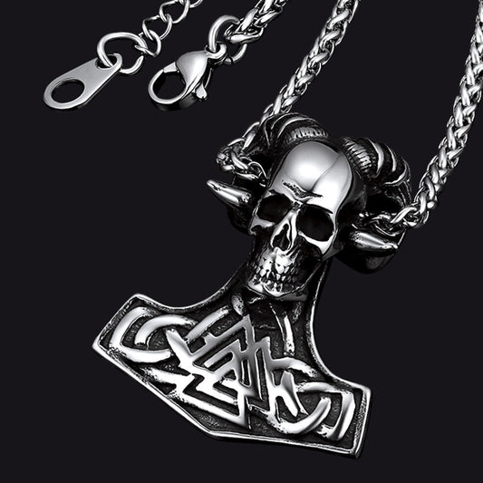 Viking Mjolnir Thor's Hammer Skull Necklace Pendant for
