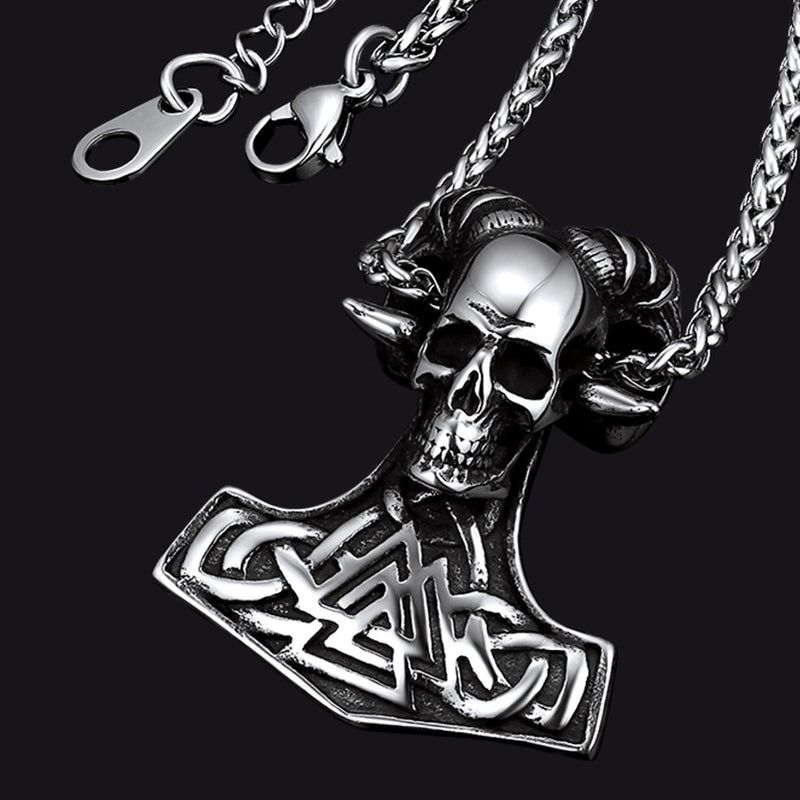 Viking Mjolnir Thor's Hammer Skull Necklace Pendant for
