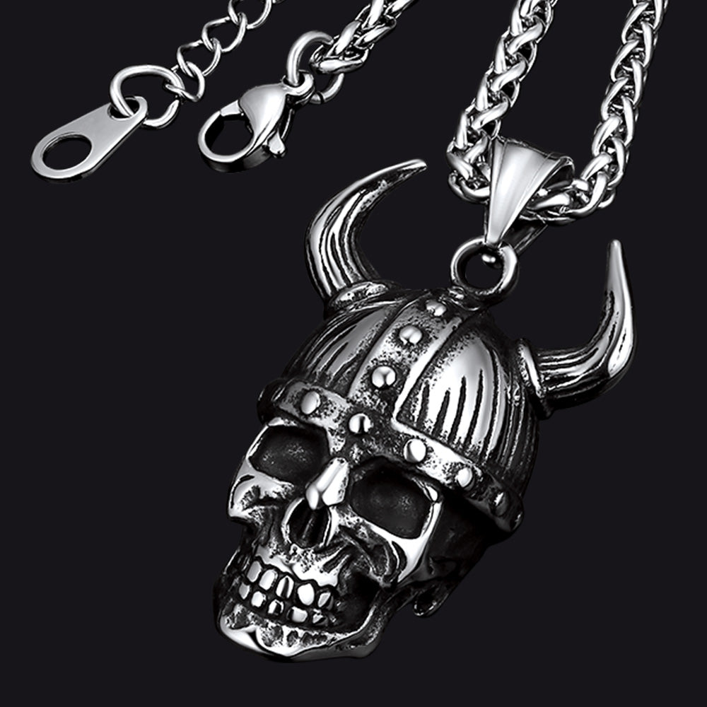 Viking Helmet Skull Pendant Necklace for