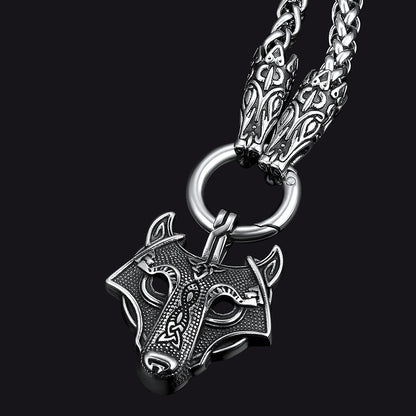 Viking Wolf Pendant Necklace With Wolf Rope Chain for