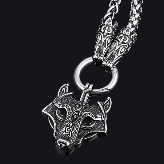 Viking Wolf Pendant Necklace With Wolf Rope Chain for