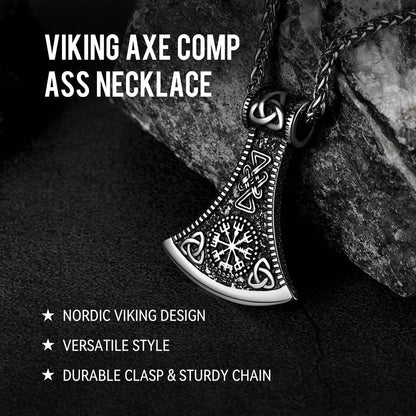 Battle Axe Viking Pendant Necklace With Compass for